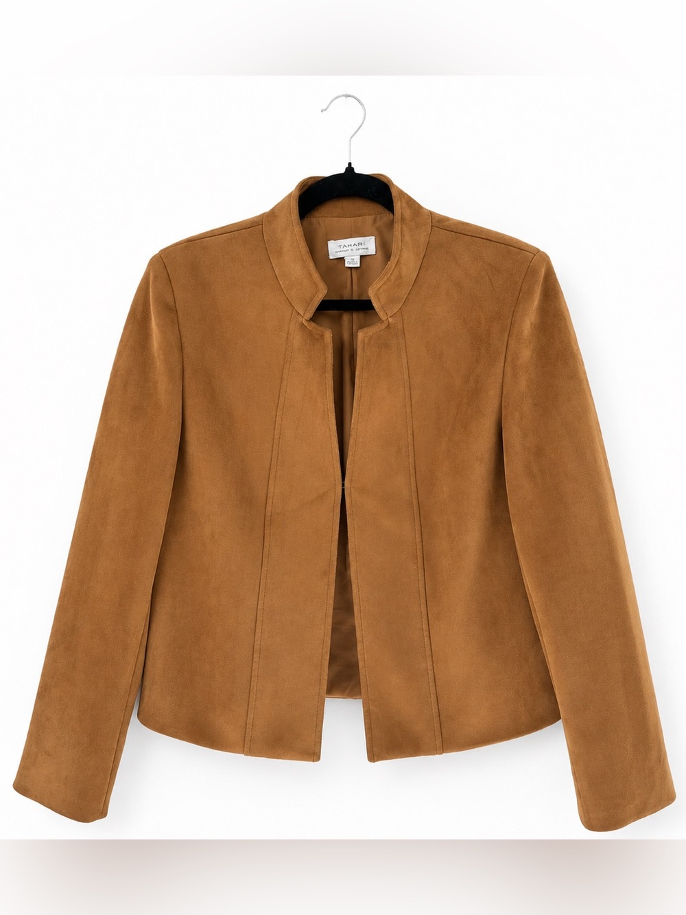 Tahari Arthur S Levine Faux Suede Jacket Size 10 Camel Brown Open Front
